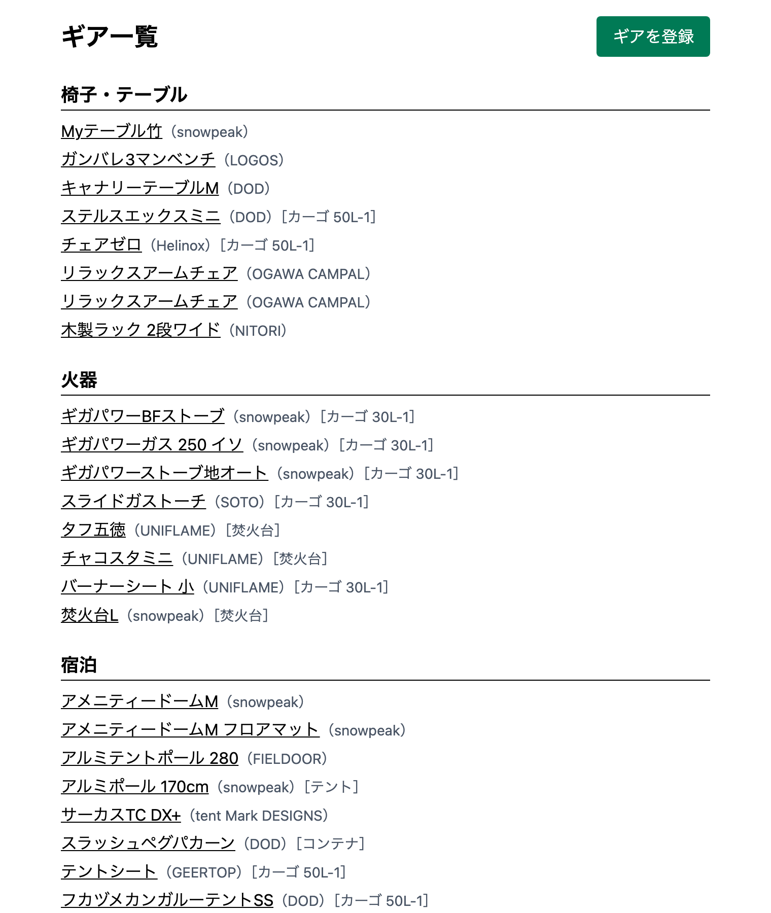 ギアの一覧。製品名の後ろに（メーカー）と［カーゴ 50L-1］のようなコンテナ名が付いている
