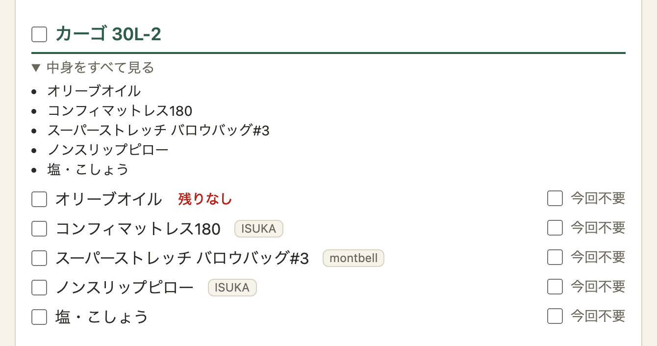 「カーゴ 30L-2」のまとまりで「中身をすべて見る」を開いたところ。オリーブオイル、コンフィマットレス180 などのギアと、塩・こしょうが並ぶ