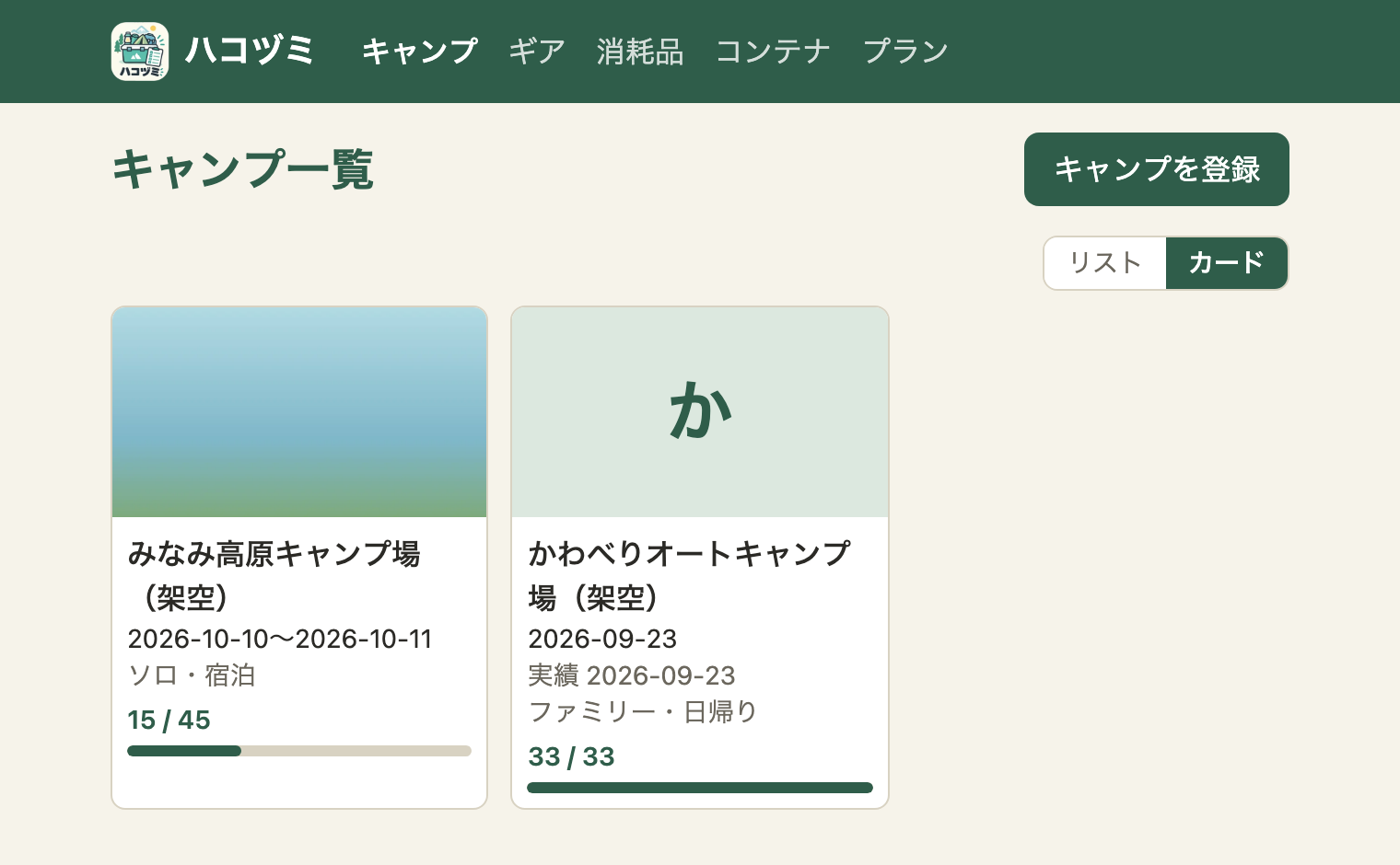 キャンプ一覧のカード表示。右上に「リスト」「カード」の切り替え。カードが2つ並び、左は画像付きで「みなみ高原キャンプ場（架空）」、予定期間、プラン名、進み具合「15 / 45」と棒。右は画像がなく頭文字「か」のカードで、「かわべりオートキャンプ場（架空）」、予定期間、実績、プラン名、進み具合「33 / 33」と棒