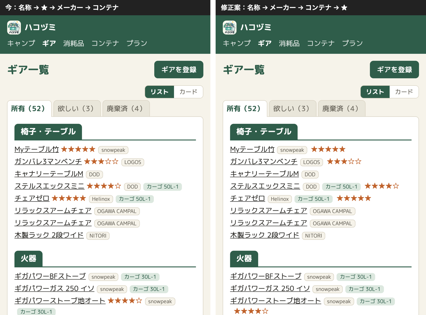 ギアのリストの並びのサンプル。左は今で、名称のすぐあとに★があり、そのあとにメーカーとコンテナのバッジ。右は修正案で、名称、メーカー、コンテナのあとに★が並ぶ