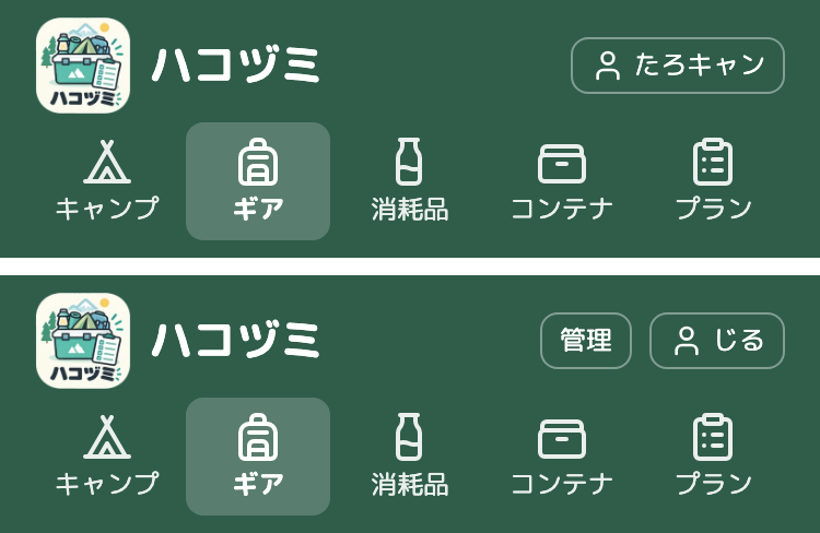 スマホの幅のヘッダーが2つ。上は一般の人で、右上に人の形のアイコンと「たろキャン」と出ている。下は管理者で、右上に「管理」のリンクと、人の形のアイコンと「じる」が並んでいる