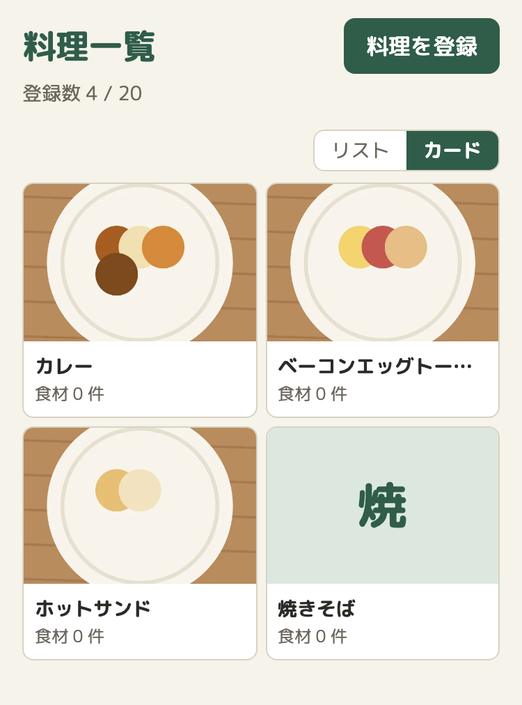 料理の一覧のカード表示。カレー、ベーコンエッグトースト、ホットサンドのカードには料理の絵が出ていて、写真のない焼きそばのカードには、淡い緑の地に「焼」の字が出ている。それぞれのカードの下に名前と「食材 0 件」