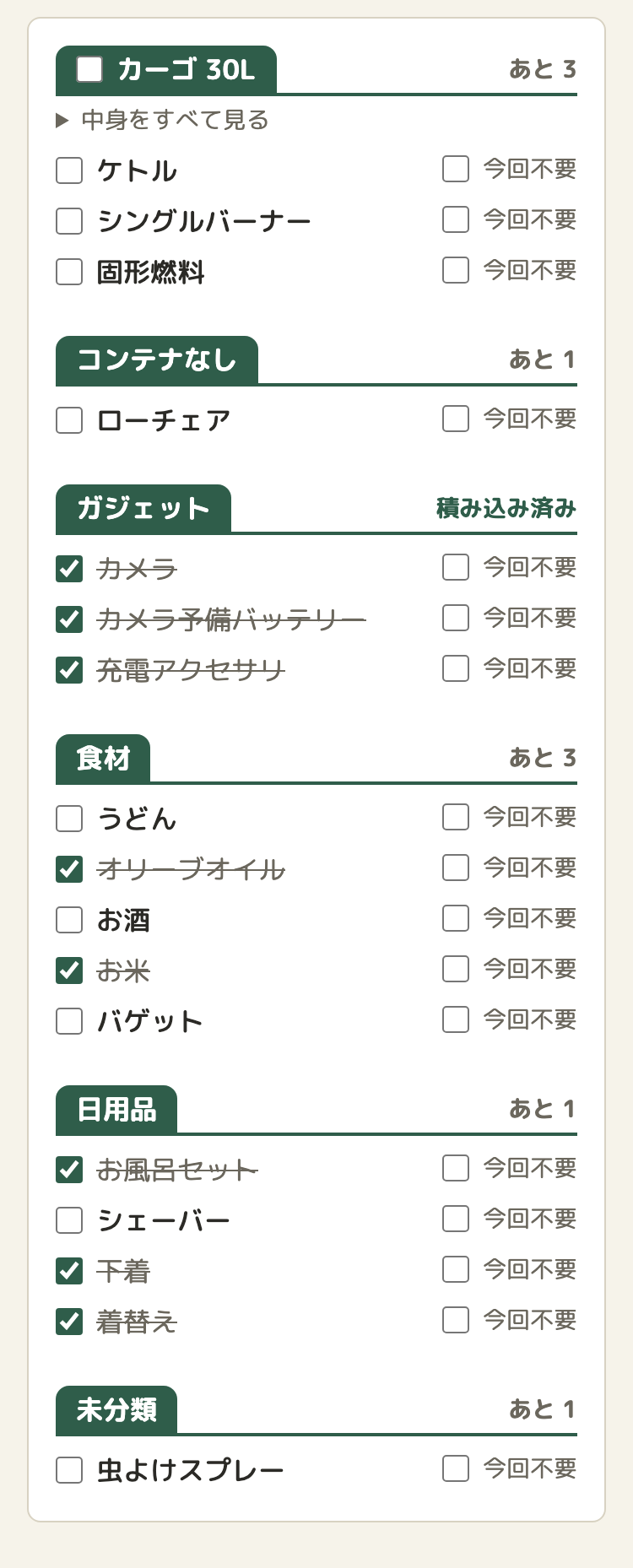 持ち物チェック。コンテナ「カーゴ 30L」、「コンテナなし」のあとに、「ガジェット」「食材」「日用品」「未分類」のまとまりが並ぶ。それぞれの見出しの右に「あと 3」「積み込み済み」などが出ている
