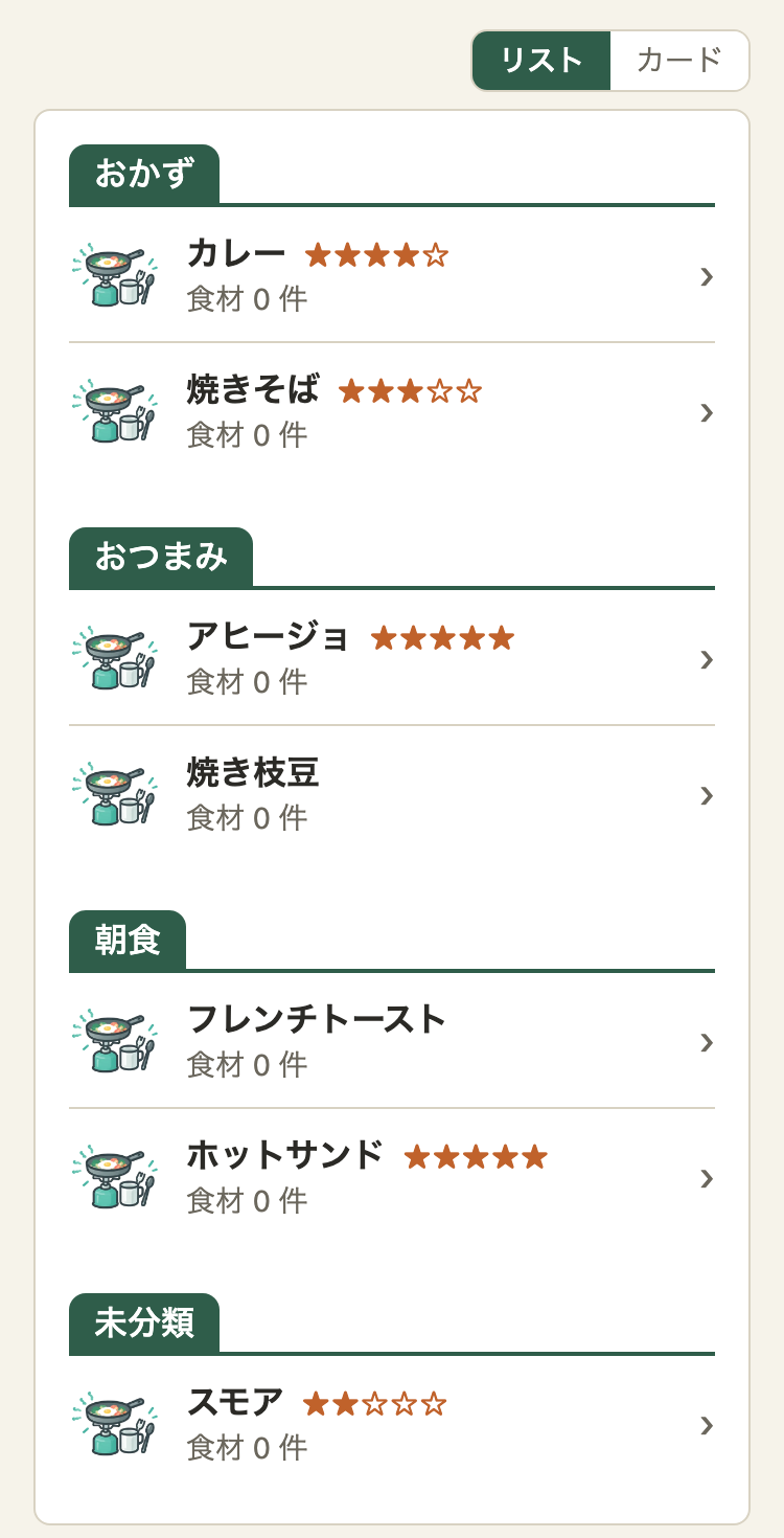 料理の一覧のリスト表示。「おかず」「おつまみ」「朝食」「未分類」の緑の仕切りの下に、料理が1行ずつ並ぶ。名前の後ろに、おすすめ度の★が出ている料理がある