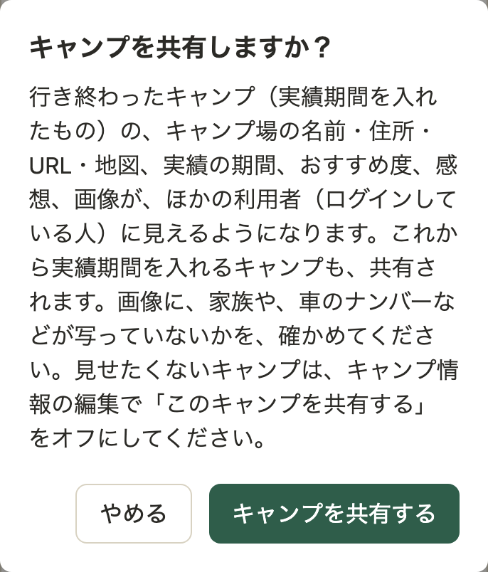 確認のダイアログ。見出し「キャンプを共有しますか?」。行き終わったキャンプの見える項目、これから実績期間を入れるキャンプも共有されること、画像に家族や車のナンバーが写っていないかを確かめること、見せたくないキャンプは編集でオフにできることが書いてある