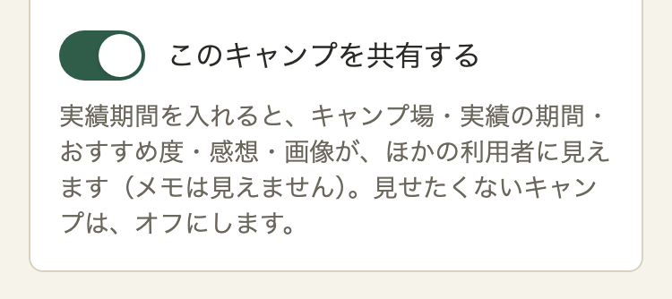 キャンプ情報の編集の「行った後に入れるもの」の一番下。オンになったスイッチ「このキャンプを共有する」と、その下の説明
