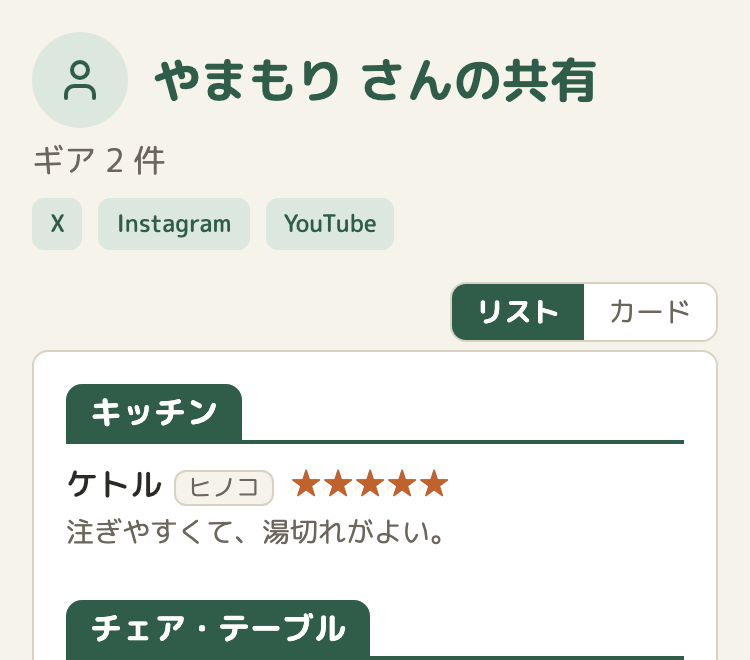 「やまもり さんの共有」のページ。見出しの下に、淡い緑の札が3つ並んでいる。「X」「Instagram」「YouTube」。その下に、共有しているギアの一覧