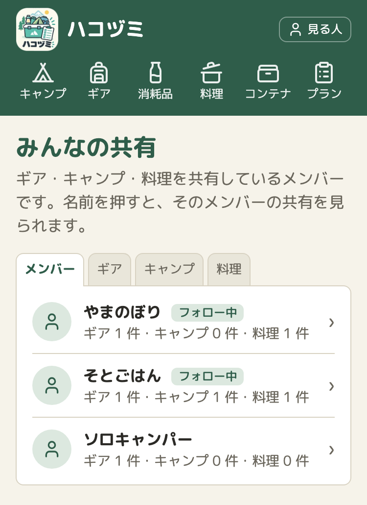 みんなの共有の「メンバー」のタブ。やまのぼり、そとごはんの名前の横に「フォロー中」の札。ソロキャンパーには札がない