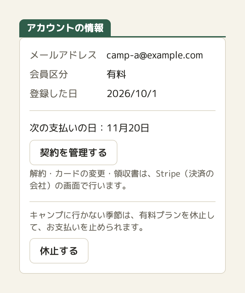 ハコヅミのアカウントの画面。会員区分「有料」、次の支払いの日、「契約を管理する」。その下に「キャンプに行かない季節は、有料プランを休止して、お支払いを止められます。」と「休止する」のボタン
