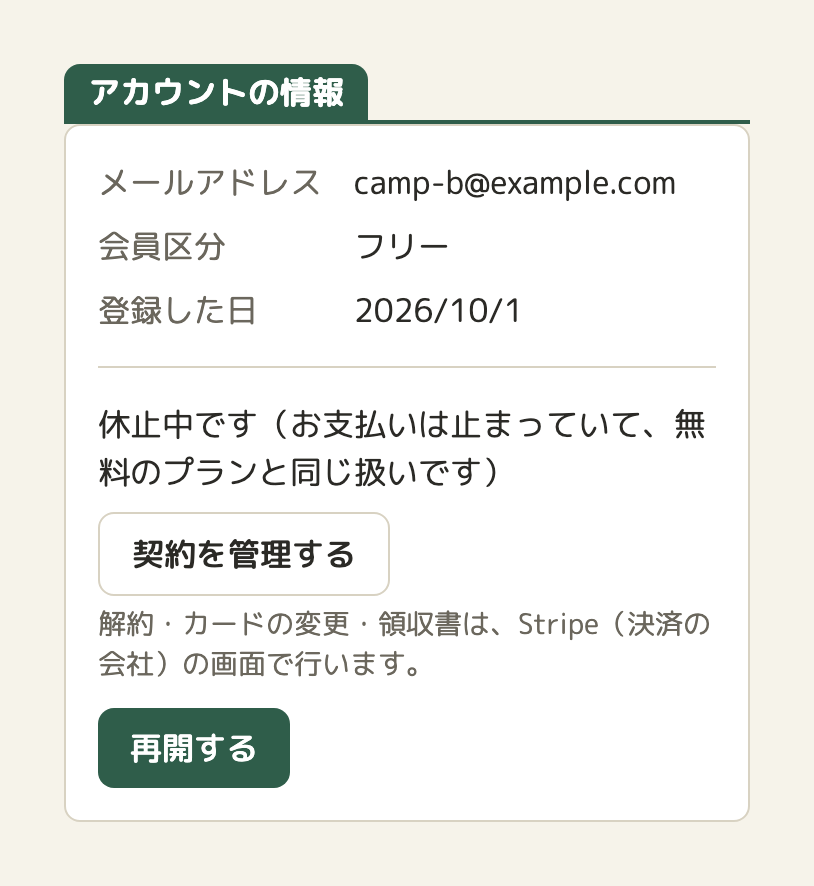 ハコヅミのアカウントの画面。会員区分「フリー」、「休止中です（お支払いは止まっていて、無料のプランと同じ扱いです）」、「契約を管理する」と「再開する」のボタン