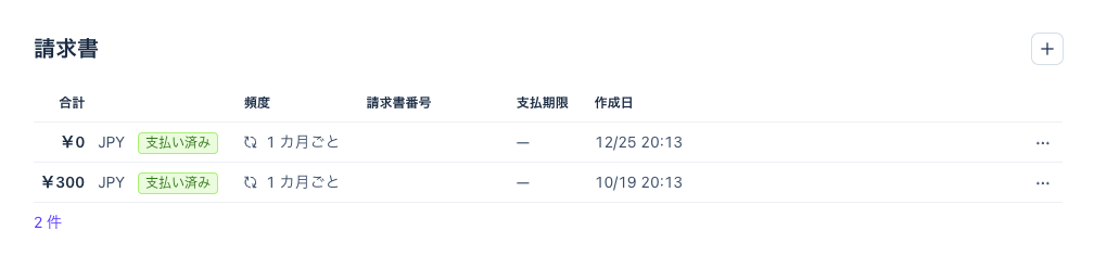 Stripe の顧客の画面の請求書。12/25 の請求書は ¥0 で支払い済み、10/19 の請求書は ¥300 で支払い済み（請求書番号の欄は隠してある）