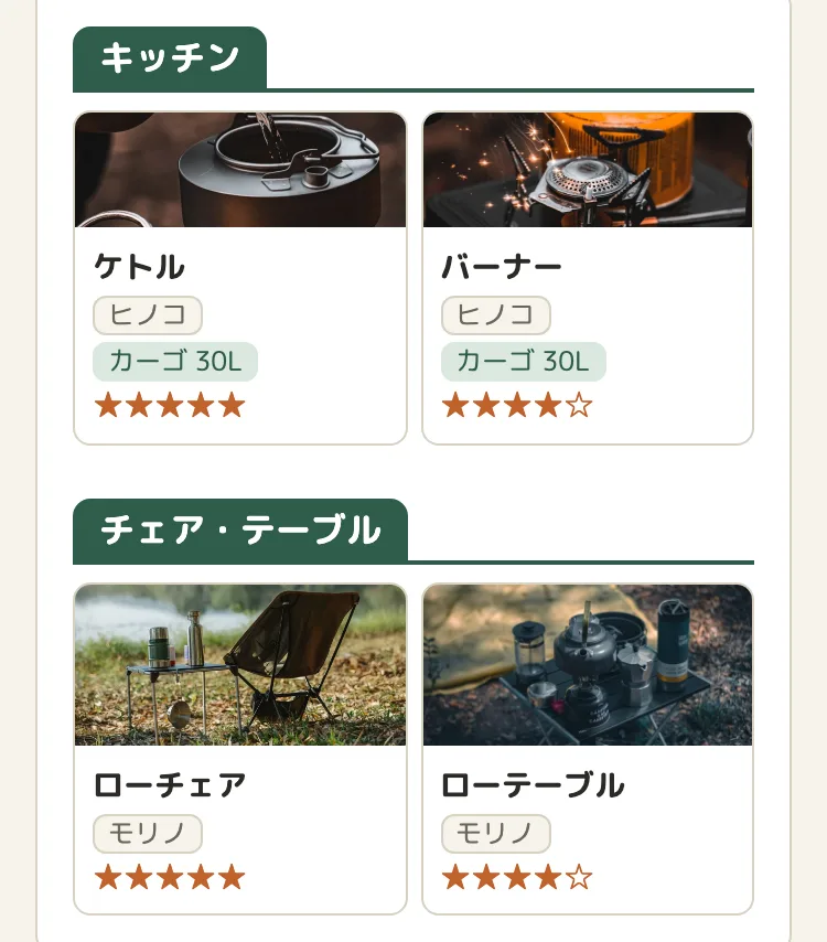 ギアの一覧の画面（カード表示）。カテゴリごとに、ギアの写真、名前、メーカー、入れてあるコンテナ、おすすめ度の星が、カードで並んでいる