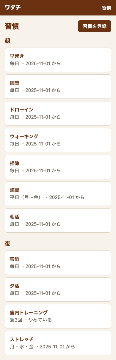 習慣の一覧(スマホの幅)。「朝」のまとまりに、早起き・瞑想・ドローイン・ウォーキング・掃除(毎日)、読書(平日(月〜金))、朝活(毎日)。「夜」のまとまりに、禁酒・夕活(毎日)、室内トレーニング(週3回)、ストレッチ(月・水・金)。それぞれに、始めた日が出ている