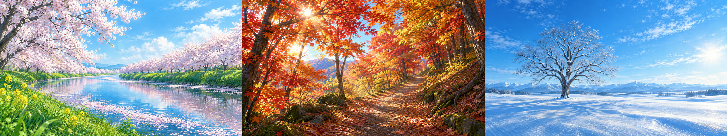 3 枚の風景の絵。左は桜並木と菜の花の咲く川辺、まん中は木漏れ日の差す紅葉の山道、右は雪原に立つ 1 本の木と青空