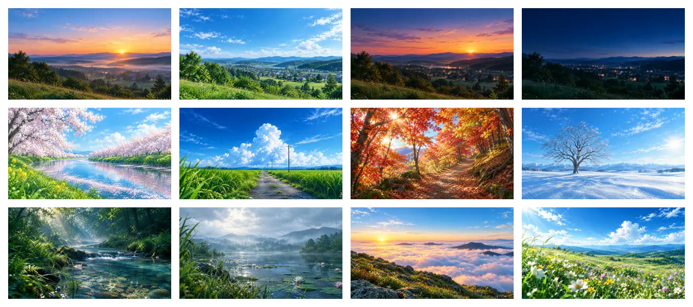 12 枚の風景の絵が、4 枚ずつ 3 段に並んでいる。上の段は、朝・昼・夕方・夜の町。まん中の段は、桜の川辺・夏の田園・紅葉の道・雪原。下の段は、清流・雨の池・雲海・花畑